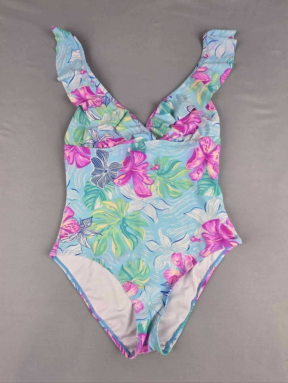 One-Piece Tropical Women's Swimsuit Large Ruffle Sleeved Full Coverage Pastel